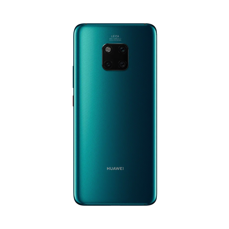 Smartphone Huawei Mate 20 Pro en vue arrière couleur vert émeraude, triple module photo carré centré en haut avec flash. Photo iTelier Lyon pour réparation vitre arrière, batterie et diagnostic gratuit avec garantie.