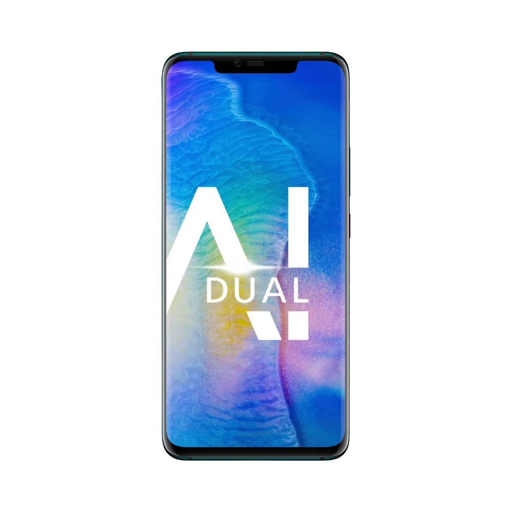 Huawei Mate 20 Pro affiché en vue frontale avec écran allumé sur fond coloré violet et bleu avec mention AI. Illustration iTelier Lyon pour réparation écran cassé, vitre tactile, diagnostic offert et service rapide garanti.