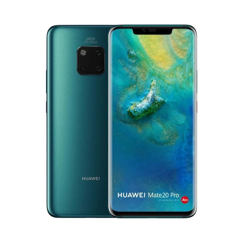 Photo Huawei Mate 20 Pro en vue avant avec écran allumé et arrière vert émeraude visible, angle trois quarts. Image optimisée iTelier Lyon pour réparation écran OLED, batterie, diagnostic gratuit et pièces garanties.