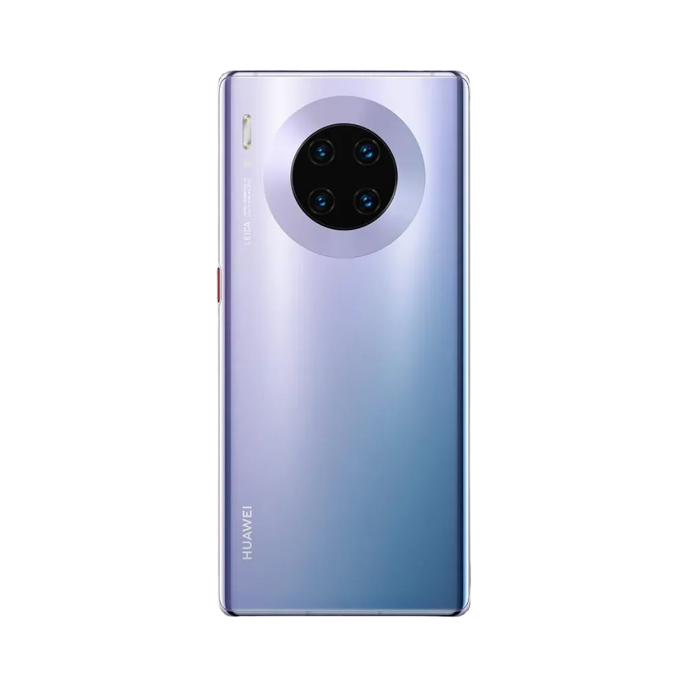 Smartphone Huawei Mate 30 Pro en vue arrière couleur argentée dégradée, quadruple module photo circulaire centré. Photo iTelier Lyon pour réparation vitre arrière, batterie et diagnostic gratuit avec garantie.