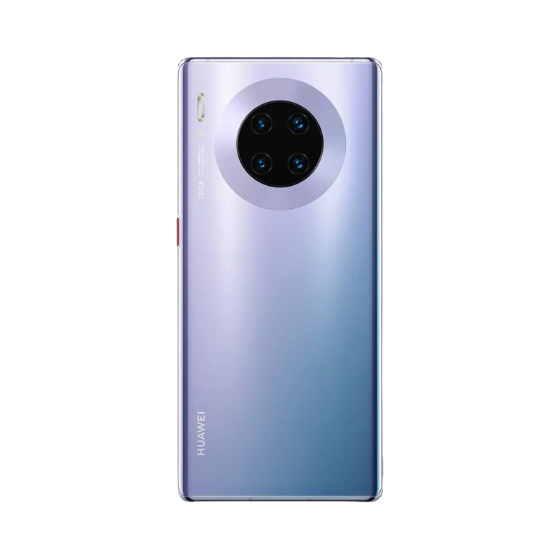 Smartphone Huawei Mate 30 Pro en vue arrière couleur argentée dégradée, quadruple module photo circulaire centré. Photo iTelier Lyon pour réparation vitre arrière, batterie et diagnostic gratuit avec garantie.