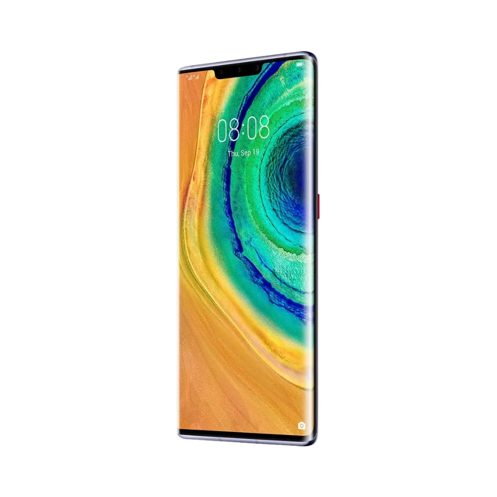 Huawei Mate 30 Pro affiché en vue frontale avec écran allumé montrant un fond circulaire vert et orange. Illustration iTelier Lyon pour réparation écran cassé, vitre tactile, diagnostic offert et service rapide garanti.
