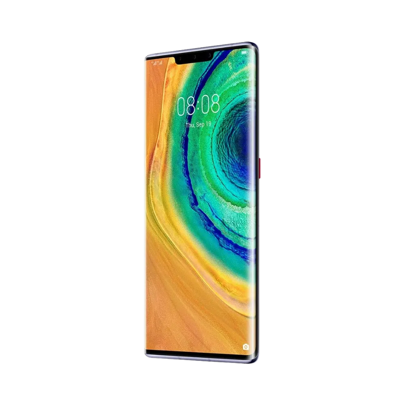 Huawei Mate 30 Pro affiché en vue frontale avec écran allumé montrant un fond circulaire vert et orange. Illustration iTelier Lyon pour réparation écran cassé, vitre tactile, diagnostic offert et service rapide garanti.