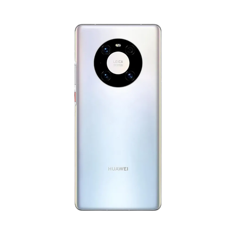 Smartphone Huawei Mate 40 Pro en vue arrière couleur argentée, quadruple module photo circulaire centré. Photo iTelier Lyon pour réparation vitre arrière, batterie et diagnostic gratuit avec garantie.