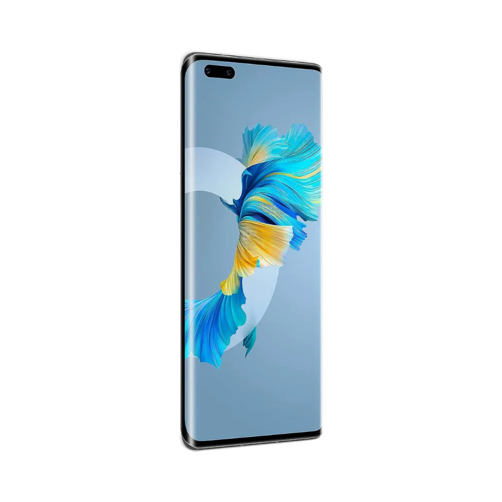 Huawei Mate 40 Pro affiché en vue frontale avec écran allumé montrant un fond bleu et jaune. Illustration iTelier Lyon pour réparation écran cassé, vitre tactile, diagnostic offert et service rapide garanti.
