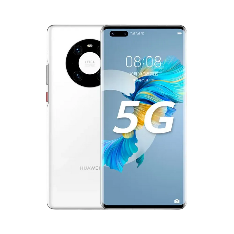 Photo Huawei Mate 40 Pro en vue avant avec écran allumé et arrière argenté visible, angle trois quarts. Image optimisée iTelier Lyon pour réparation écran OLED, batterie, diagnostic gratuit et pièces garanties.