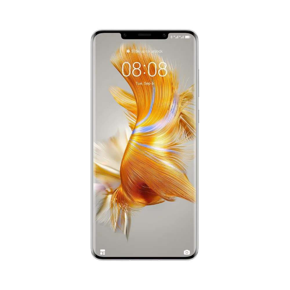 Huawei Mate 50 Pro affiché en vue frontale avec écran allumé montrant un fond doré représentant un poisson. Illustration iTelier Lyon pour réparation écran cassé, vitre tactile, diagnostic offert et service rapide garanti.