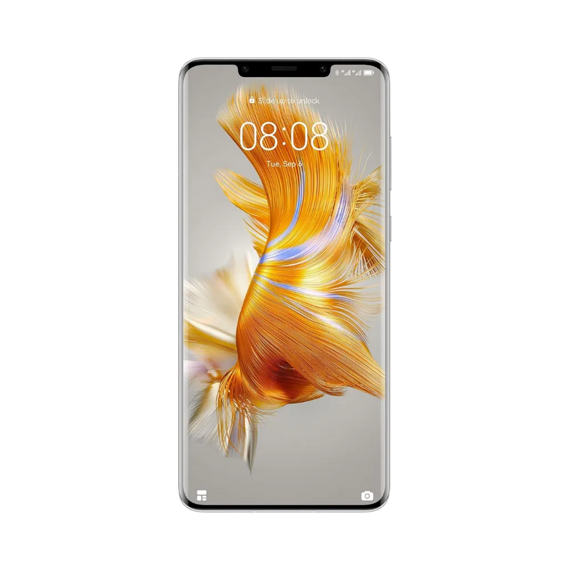 Huawei Mate 50 Pro affiché en vue frontale avec écran allumé montrant un fond doré représentant un poisson. Illustration iTelier Lyon pour réparation écran cassé, vitre tactile, diagnostic offert et service rapide garanti.