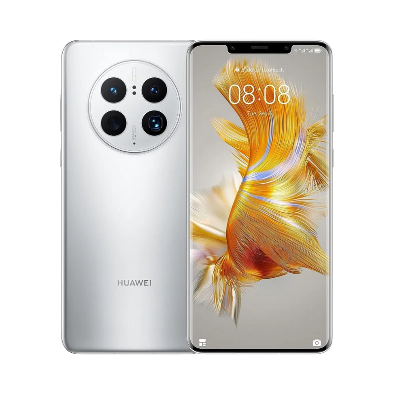 Photo Huawei Mate 50 Pro en vue avant avec écran allumé et arrière argenté visible, angle trois quarts. Image optimisée iTelier Lyon pour réparation écran OLED, batterie, diagnostic gratuit et pièces garanties.