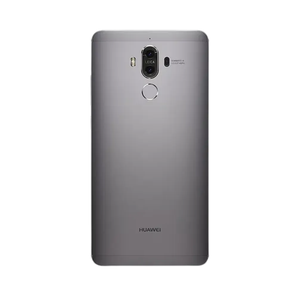 Smartphone Huawei Mate 9 en vue arrière couleur gris métallisé, double module photo vertical centré avec capteur d’empreintes. Photo iTelier Lyon pour réparation vitre arrière, batterie et diagnostic gratuit avec garantie.