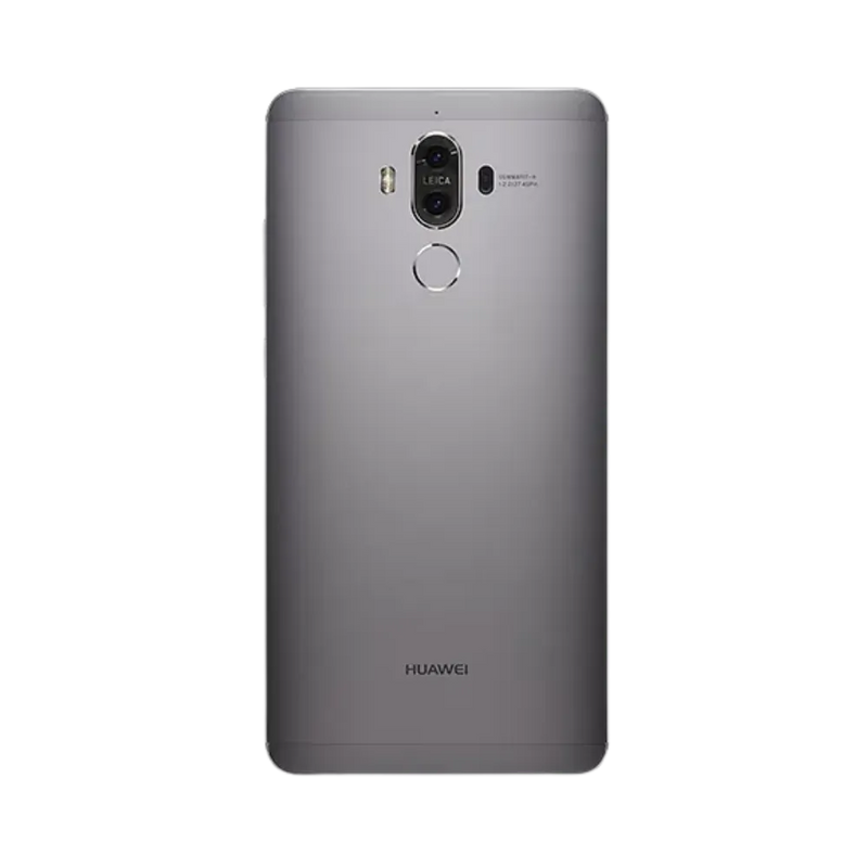 Smartphone Huawei Mate 9 en vue arrière couleur gris métallisé, double module photo vertical centré avec capteur d’empreintes. Photo iTelier Lyon pour réparation vitre arrière, batterie et diagnostic gratuit avec garantie.