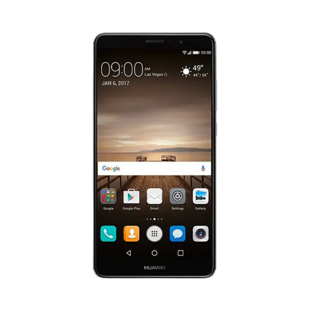 Huawei Mate 9 affiché en vue frontale avec écran allumé montrant un fond paysage au coucher du soleil. Illustration iTelier Lyon pour réparation écran cassé, vitre tactile, diagnostic offert et service rapide garanti.