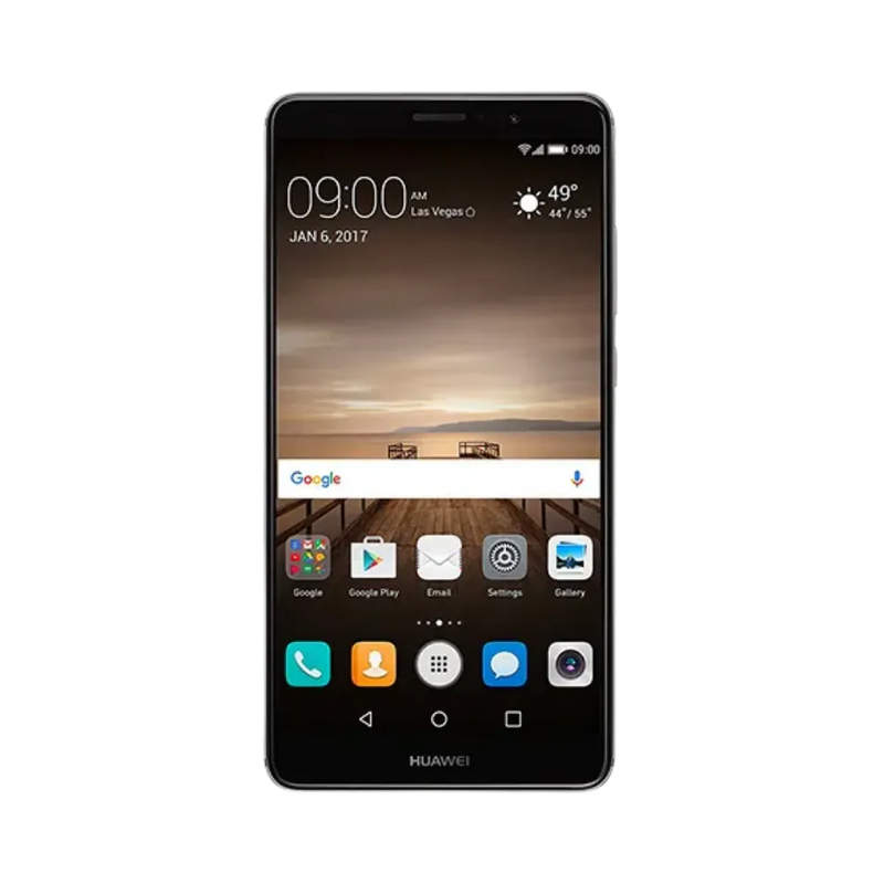 Huawei Mate 9 affiché en vue frontale avec écran allumé montrant un fond paysage au coucher du soleil. Illustration iTelier Lyon pour réparation écran cassé, vitre tactile, diagnostic offert et service rapide garanti.
