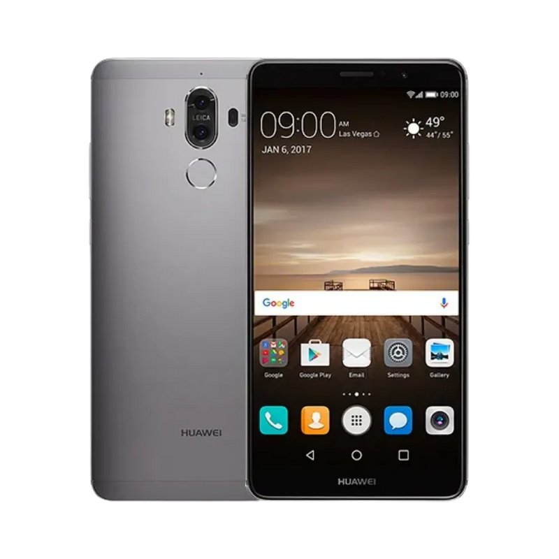 Photo Huawei Mate 9 en vue avant avec écran allumé et arrière gris métallisé visible, angle trois quarts. Image optimisée iTelier Lyon pour réparation écran LCD, batterie, diagnostic gratuit et pièces garanties.