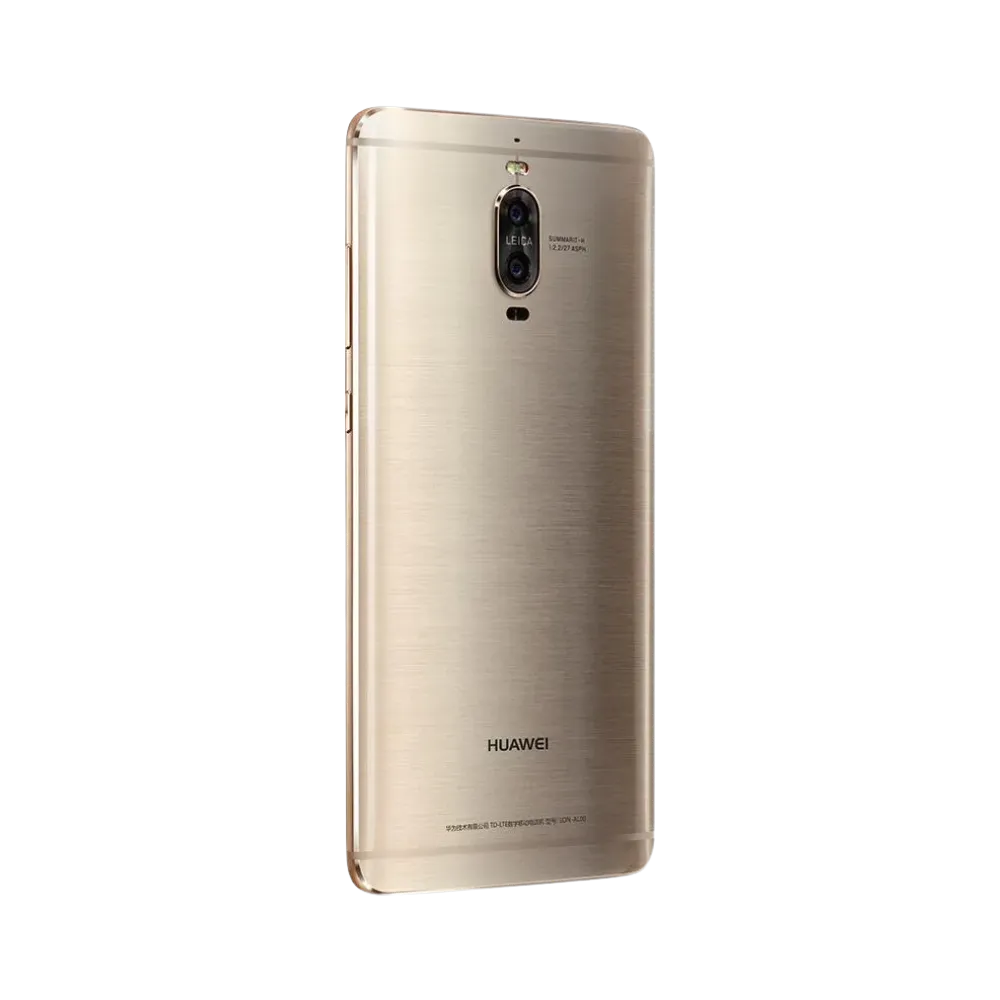 Smartphone Huawei Mate 9 Pro en vue arrière couleur dorée, double module photo vertical centré avec flash et capteur d’empreintes. Photo iTelier Lyon pour réparation vitre arrière, batterie et diagnostic gratuit avec garantie.