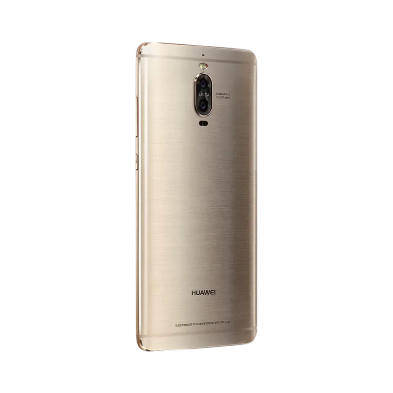 Smartphone Huawei Mate 9 Pro en vue arrière couleur dorée, double module photo vertical centré avec flash et capteur d’empreintes. Photo iTelier Lyon pour réparation vitre arrière, batterie et diagnostic gratuit avec garantie.