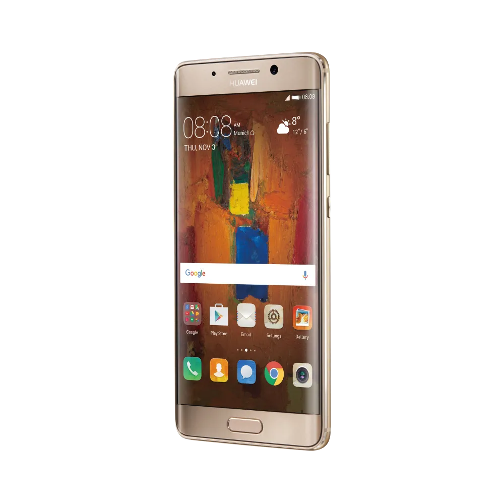 Huawei Mate 9 Pro affiché en vue frontale avec écran allumé montrant un fond coloré style peinture murale. Illustration iTelier Lyon pour réparation écran cassé, vitre tactile, diagnostic offert et service rapide garanti.