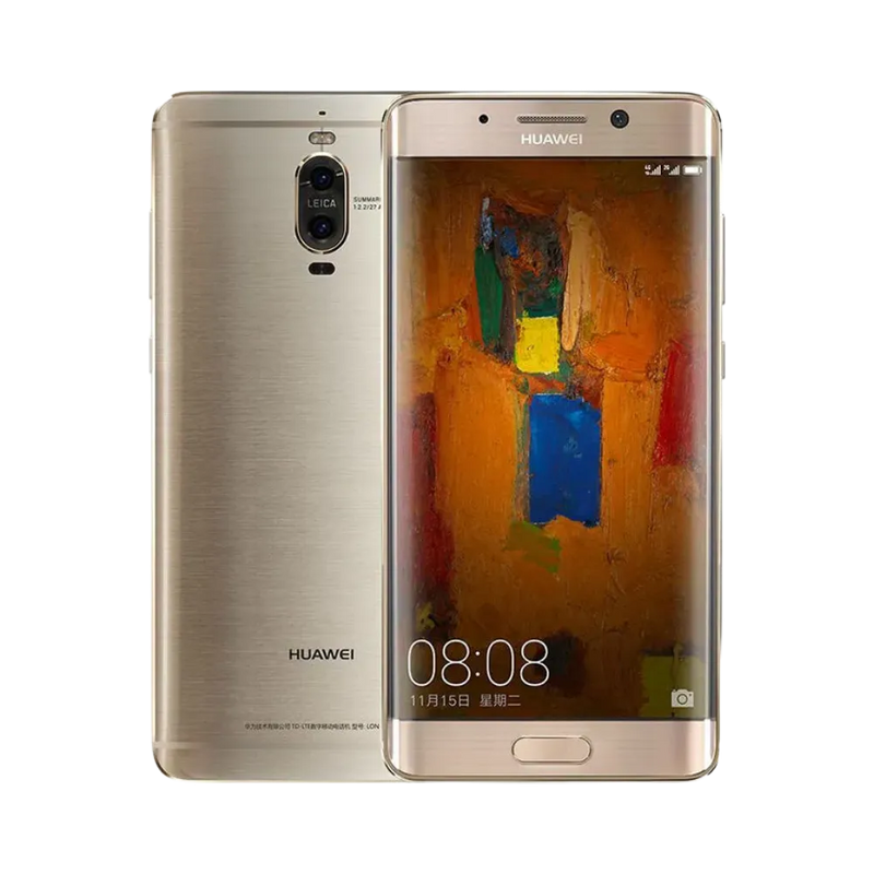 Photo Huawei Mate 9 Pro en vue avant avec écran allumé et arrière doré visible, angle trois quarts. Image optimisée iTelier Lyon pour réparation écran AMOLED incurvé, batterie, diagnostic gratuit et pièces garanties.
