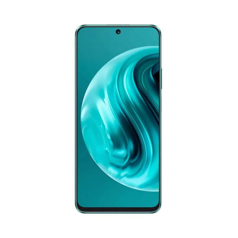 Huawei Nova 12i affiché en vue frontale avec écran allumé sur fond graphique turquoise ondulé. Illustration iTelier Lyon pour réparation écran cassé, vitre tactile, diagnostic offert et service rapide garanti.