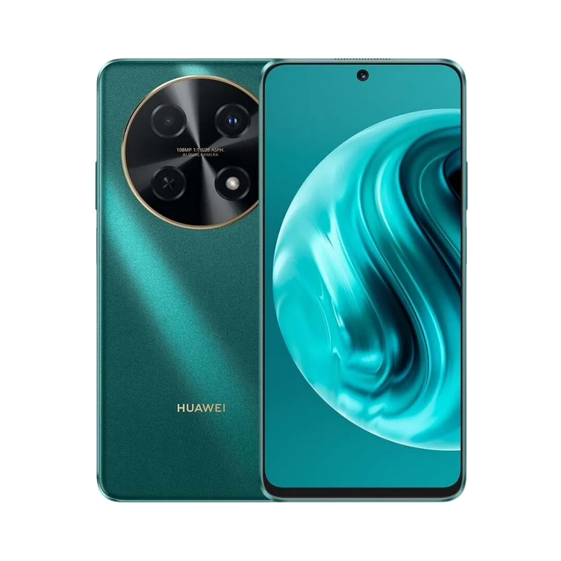 Photo Huawei Nova 12i en vue avant avec écran allumé et arrière vert émeraude visible, angle trois quarts. Image optimisée iTelier Lyon pour réparation écran LCD, batterie, diagnostic gratuit et pièces garanties.