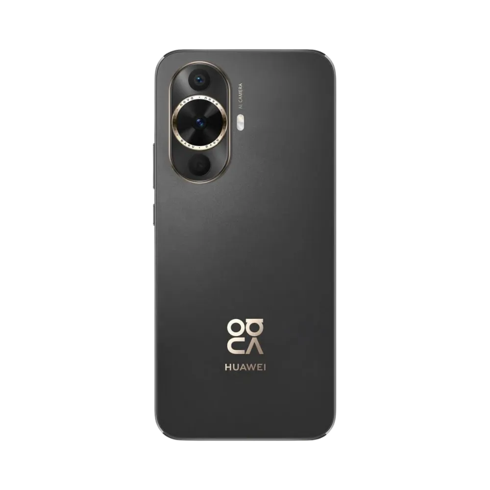 Smartphone Huawei Nova 12s en vue arrière couleur noire, double module photo circulaire en haut à gauche avec logo Nova centré. Photo iTelier Lyon pour réparation vitre arrière, batterie et diagnostic gratuit avec garantie.