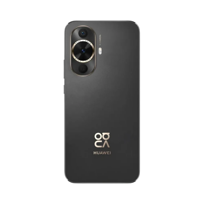 Smartphone Huawei Nova 12s en vue arrière couleur noire, double module photo circulaire en haut à gauche avec logo Nova centré. Photo iTelier Lyon pour réparation vitre arrière, batterie et diagnostic gratuit avec garantie.