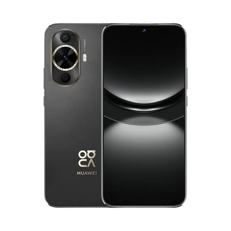 Photo Huawei Nova 12s en vue avant avec écran allumé et arrière noir visible, angle trois quarts. Image optimisée iTelier Lyon pour réparation écran OLED, batterie, diagnostic gratuit et pièces garanties.