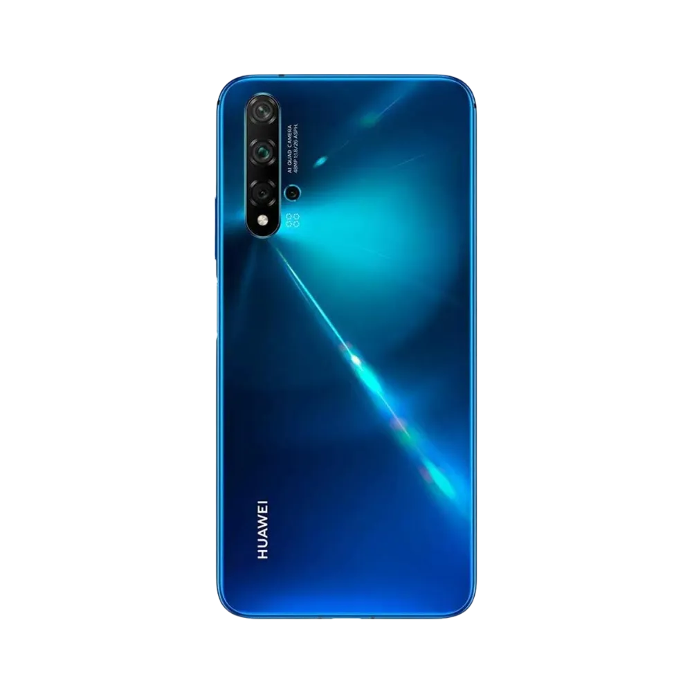 Smartphone Huawei Nova 5T en vue arrière couleur bleue brillante, quadruple module photo vertical en haut à gauche. Photo iTelier Lyon pour réparation vitre arrière, batterie et diagnostic gratuit avec garantie.