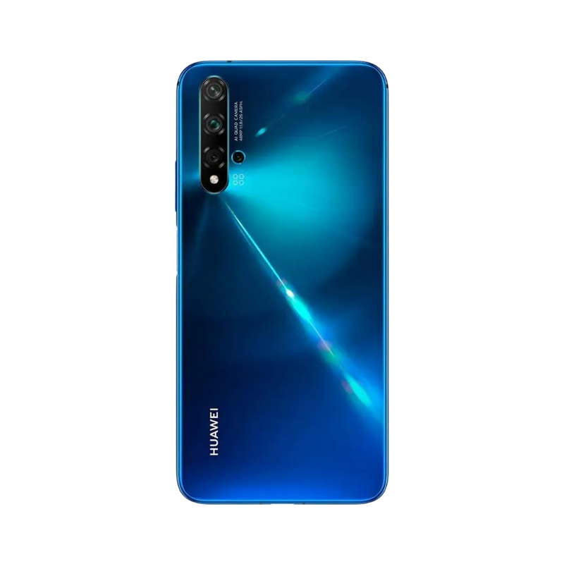 Smartphone Huawei Nova 5T en vue arrière couleur bleue brillante, quadruple module photo vertical en haut à gauche. Photo iTelier Lyon pour réparation vitre arrière, batterie et diagnostic gratuit avec garantie.
