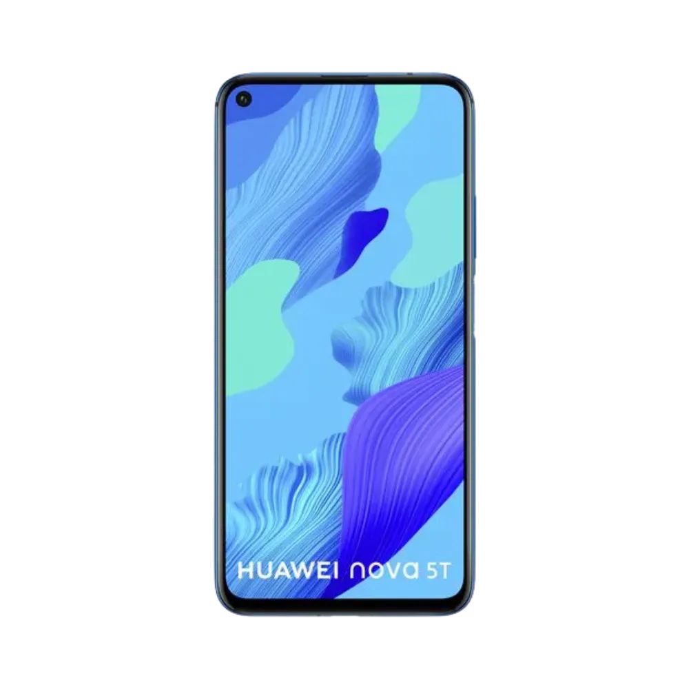 Huawei Nova 5T affiché en vue frontale avec écran allumé montrant un fond bleu clair et turquoise. Illustration iTelier Lyon pour réparation écran cassé, vitre tactile, diagnostic offert et service rapide garanti.