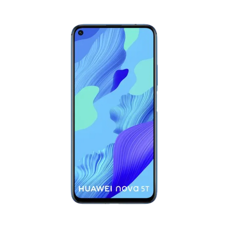 Huawei Nova 5T affiché en vue frontale avec écran allumé montrant un fond bleu clair et turquoise. Illustration iTelier Lyon pour réparation écran cassé, vitre tactile, diagnostic offert et service rapide garanti.