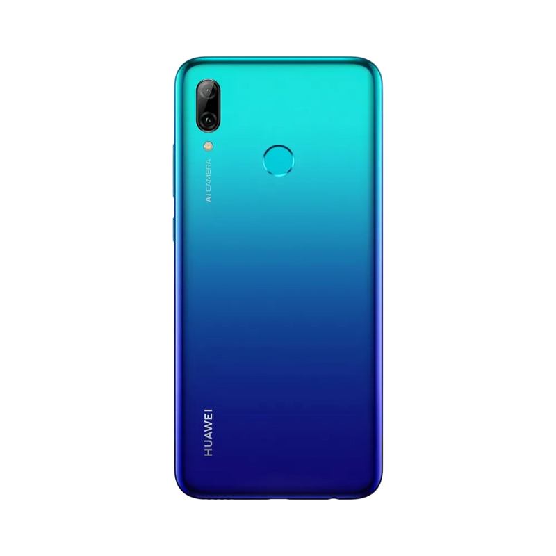 Smartphone Huawei P Smart 2019 en vue arrière bleu dégradé, double appareil photo vertical à gauche et lecteur d’empreintes centré. Photo iTelier Lyon pour réparation vitre arrière, batterie et diagnostic gratuit.