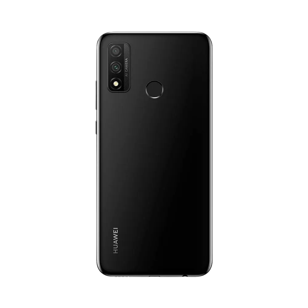 Smartphone Huawei P Smart 2020 en vue arrière noire, double capteur photo vertical avec flash et lecteur d’empreintes centré. Photo iTelier Lyon pour réparation vitre arrière, batterie et diagnostic gratuit avec garantie.