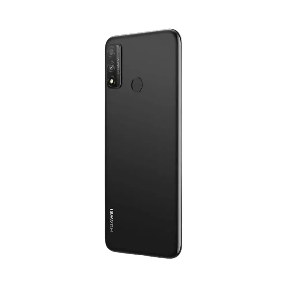 Huawei P Smart 2020 incliné sur l’arrière noir avec appareil photo vertical bien visible. Photo optimisée iTelier Lyon pour réparation vitre arrière, écran, batterie et diagnostic gratuit.