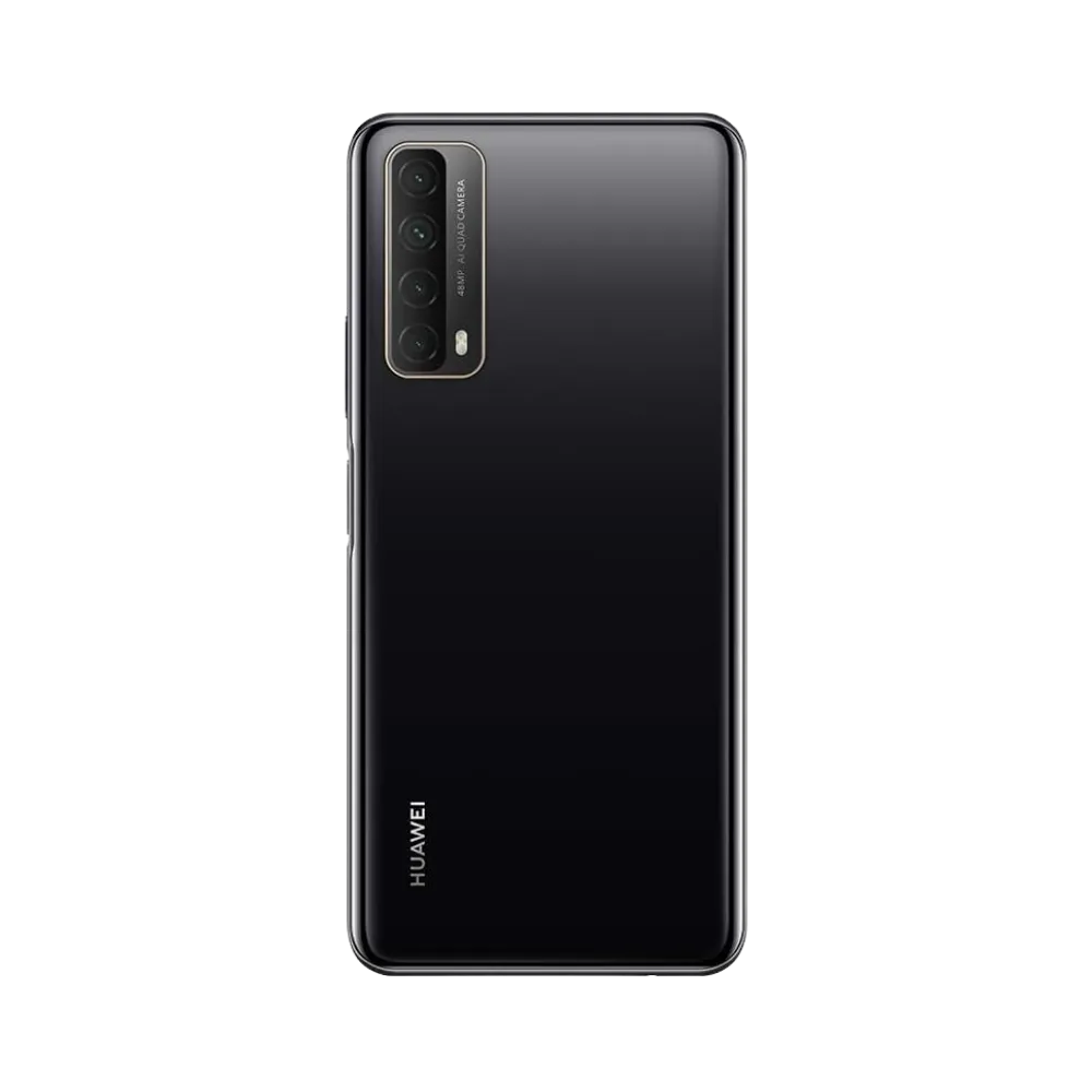 Smartphone Huawei P Smart 2021 en vue arrière noire, quadruple module photo vertical situé à gauche. Photo iTelier Lyon pour réparation vitre arrière, batterie et diagnostic gratuit avec garantie.
