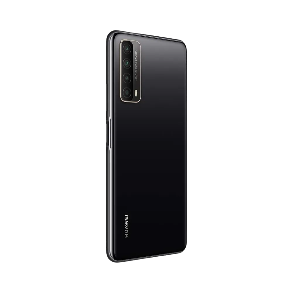 Huawei P Smart 2021 incliné en biais laissant voir avant et dos noirs, appareil photo proéminent. Photo optimisée iTelier Lyon pour réparation vitre arrière, écran, batterie et diagnostic gratuit.