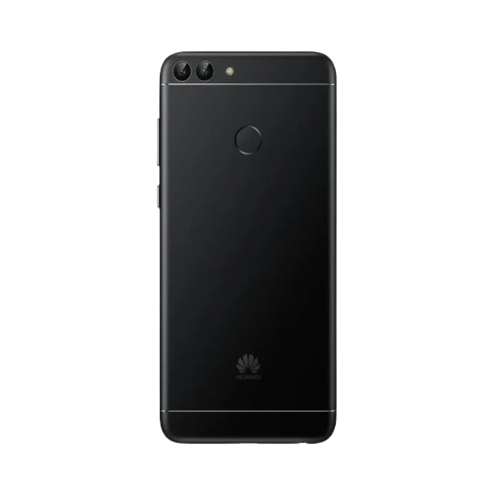 Smartphone Huawei P Smart en vue arrière noire mate, double appareil photo horizontal en haut à gauche et lecteur d’empreintes centré. Photo iTelier Lyon pour réparation vitre arrière, batterie et diagnostic gratuit.