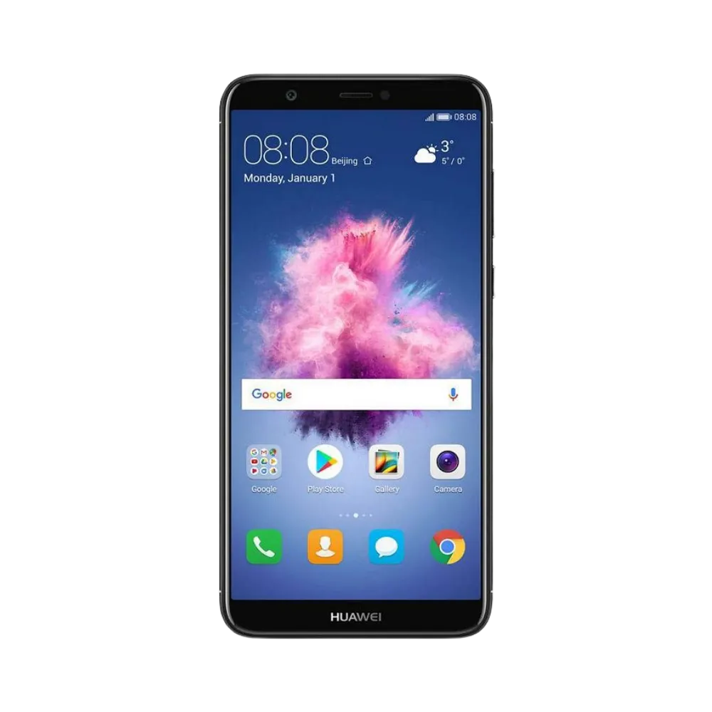 Huawei P Smart affiché en vue frontale avec écran allumé montrant fond bleu et violet. Illustration iTelier Lyon pour réparation écran fissuré, vitre tactile, diagnostic offert et service rapide garanti.