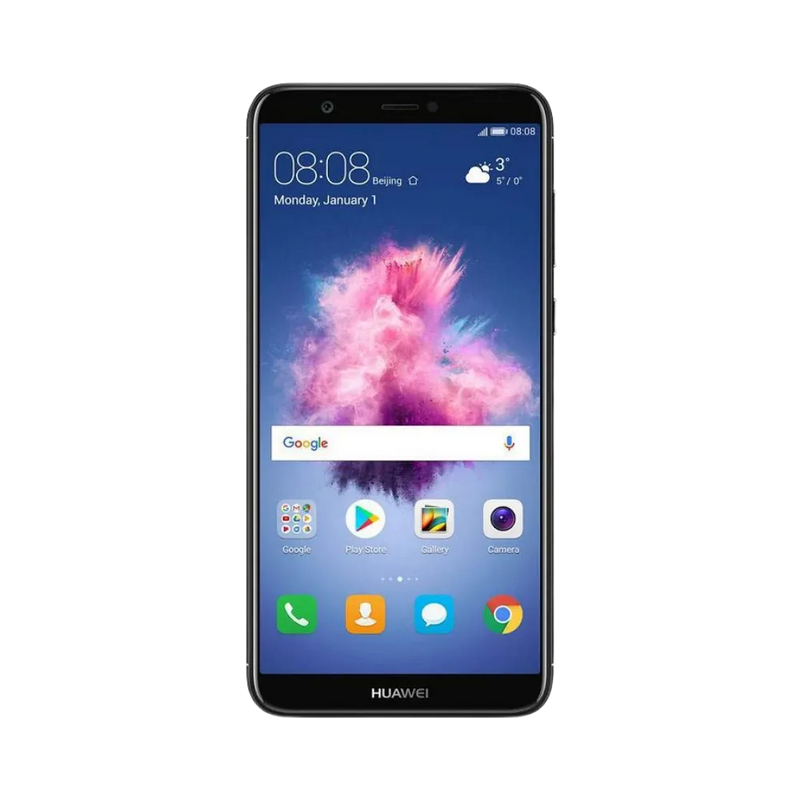 Huawei P Smart affiché en vue frontale avec écran allumé montrant fond bleu et violet. Illustration iTelier Lyon pour réparation écran fissuré, vitre tactile, diagnostic offert et service rapide garanti.