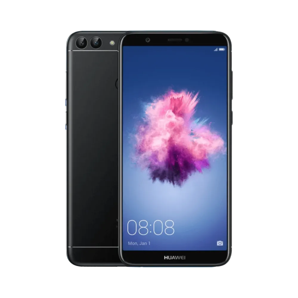 Photo Huawei P Smart en vue avant avec écran allumé et dos noir mat visible, angle trois quarts. Image optimisée iTelier Lyon pour réparation écran LCD, batterie, diagnostic gratuit et pièces garanties.