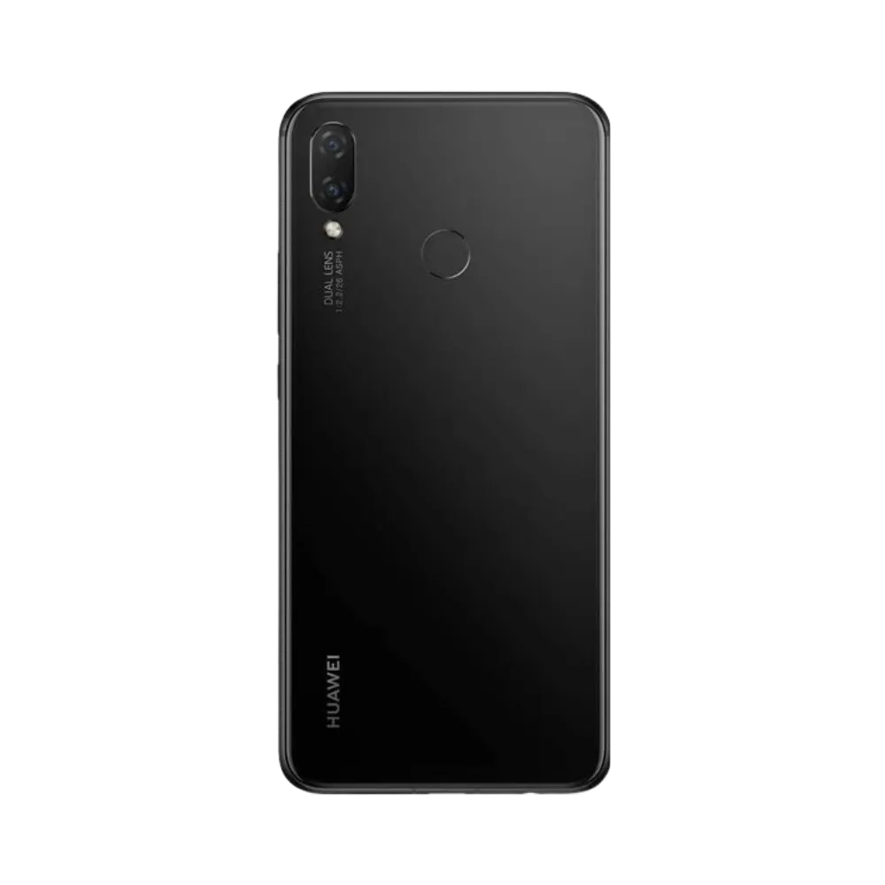 Smartphone Huawei P Smart Plus 2018 en vue arrière noire brillante, double appareil photo vertical et lecteur d’empreintes centré. Photo iTelier Lyon pour réparation vitre arrière, batterie et diagnostic gratuit.