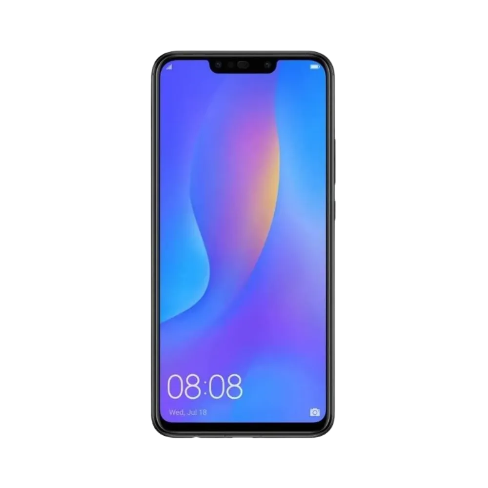 Huawei P Smart Plus 2018 affiché en vue frontale avec écran allumé montrant fond violet et bleu. Illustration iTelier Lyon pour réparation écran cassé, vitre tactile, diagnostic offert et service rapide garanti.