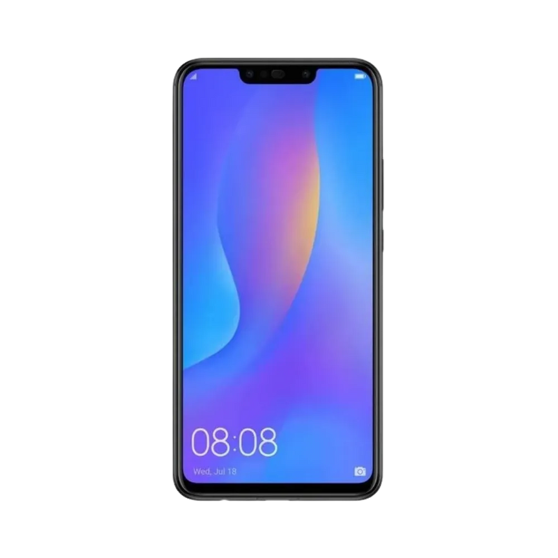 Huawei P Smart Plus 2018 affiché en vue frontale avec écran allumé montrant fond violet et bleu. Illustration iTelier Lyon pour réparation écran cassé, vitre tactile, diagnostic offert et service rapide garanti.