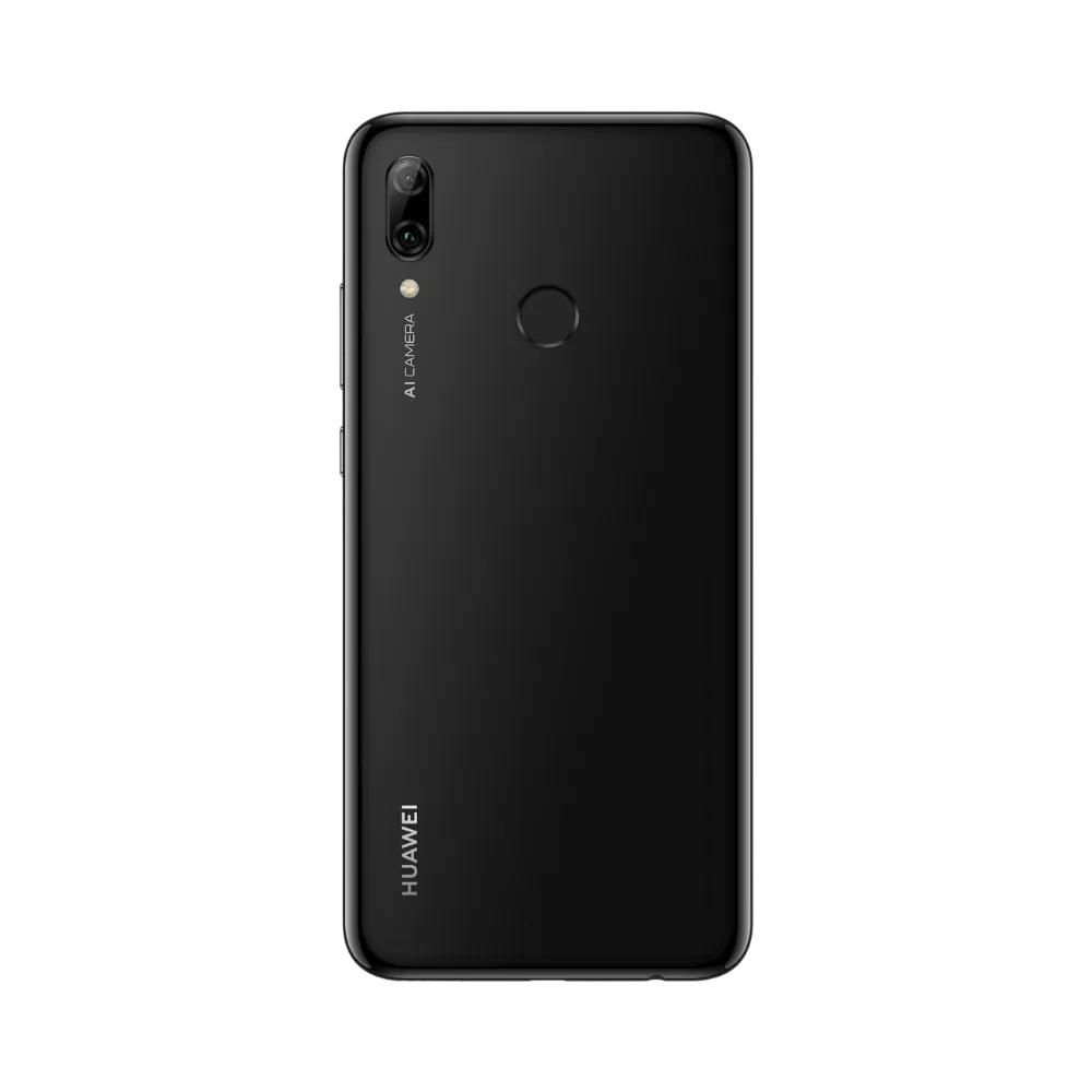 Smartphone Huawei P Smart Plus 2019 en vue arrière noire, double appareil photo vertical à gauche et lecteur d’empreintes centré. Photo iTelier Lyon pour réparation vitre arrière, batterie et diagnostic gratuit.