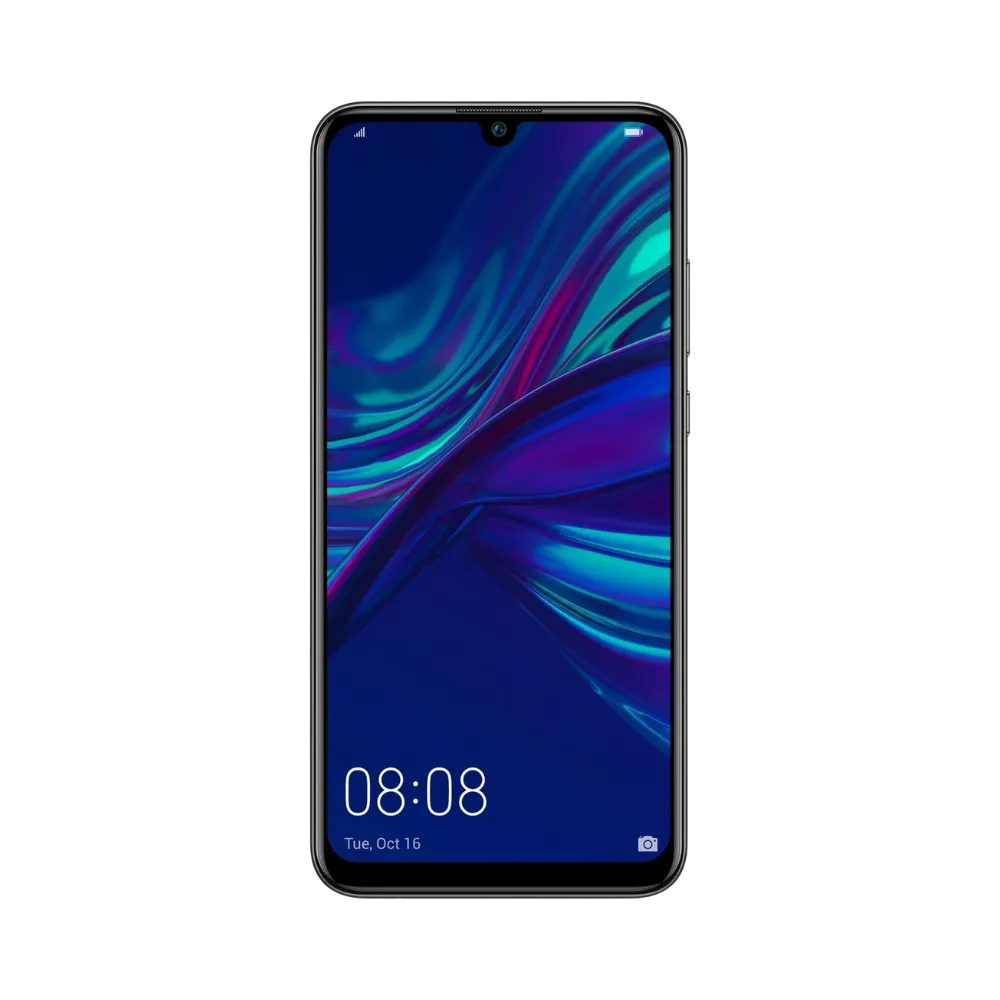 Huawei P Smart Plus 2019 affiché en vue frontale avec écran allumé montrant fond bleu et violet. Illustration iTelier Lyon pour réparation écran cassé, vitre tactile, diagnostic offert et service rapide garanti.