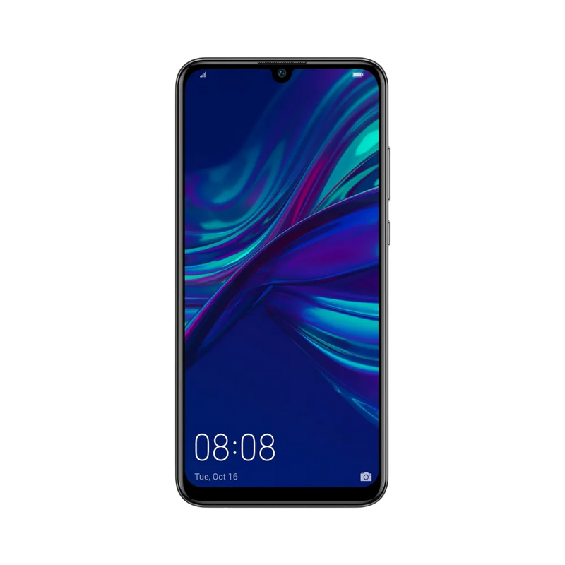 Huawei P Smart Plus 2019 affiché en vue frontale avec écran allumé montrant fond bleu et violet. Illustration iTelier Lyon pour réparation écran cassé, vitre tactile, diagnostic offert et service rapide garanti.