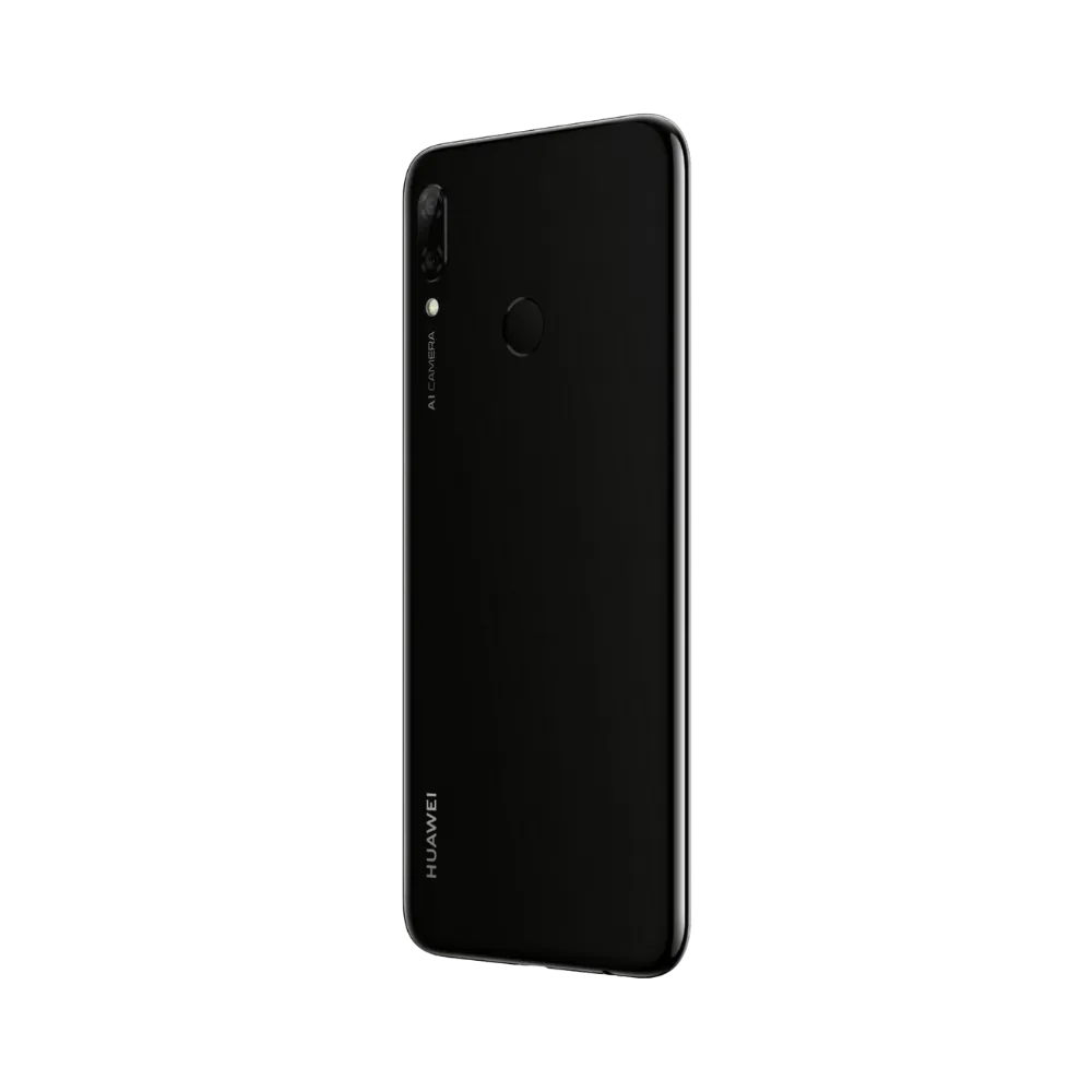 Huawei P Smart Plus 2019 incliné laissant voir arrière noir et module photo proéminent. Photo optimisée iTelier Lyon pour réparation vitre arrière, écran, batterie et diagnostic gratuit.