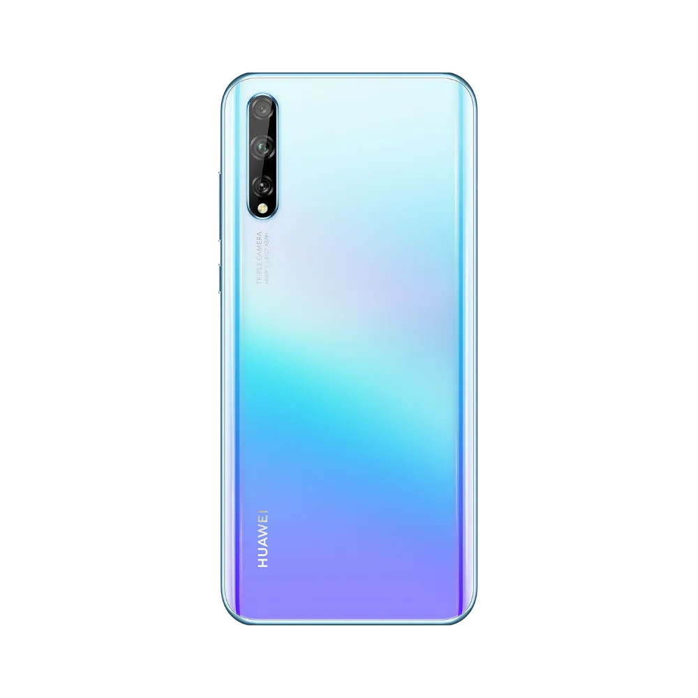 Smartphone Huawei P Smart S en vue arrière bleu dégradé, triple module photo vertical en haut à gauche. Photo iTelier Lyon pour réparation vitre arrière, batterie et diagnostic gratuit avec garantie.