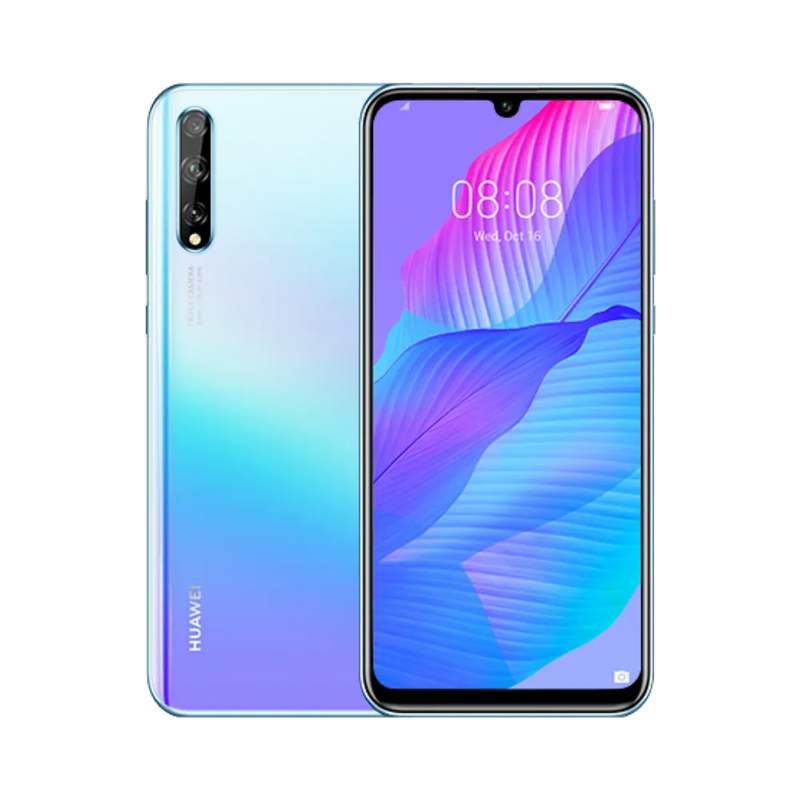 Photo Huawei P Smart S en vue avant avec écran allumé et arrière bleu dégradé visible, angle trois quarts. Image optimisée iTelier Lyon pour réparation écran OLED, batterie, diagnostic gratuit et pièces garanties.