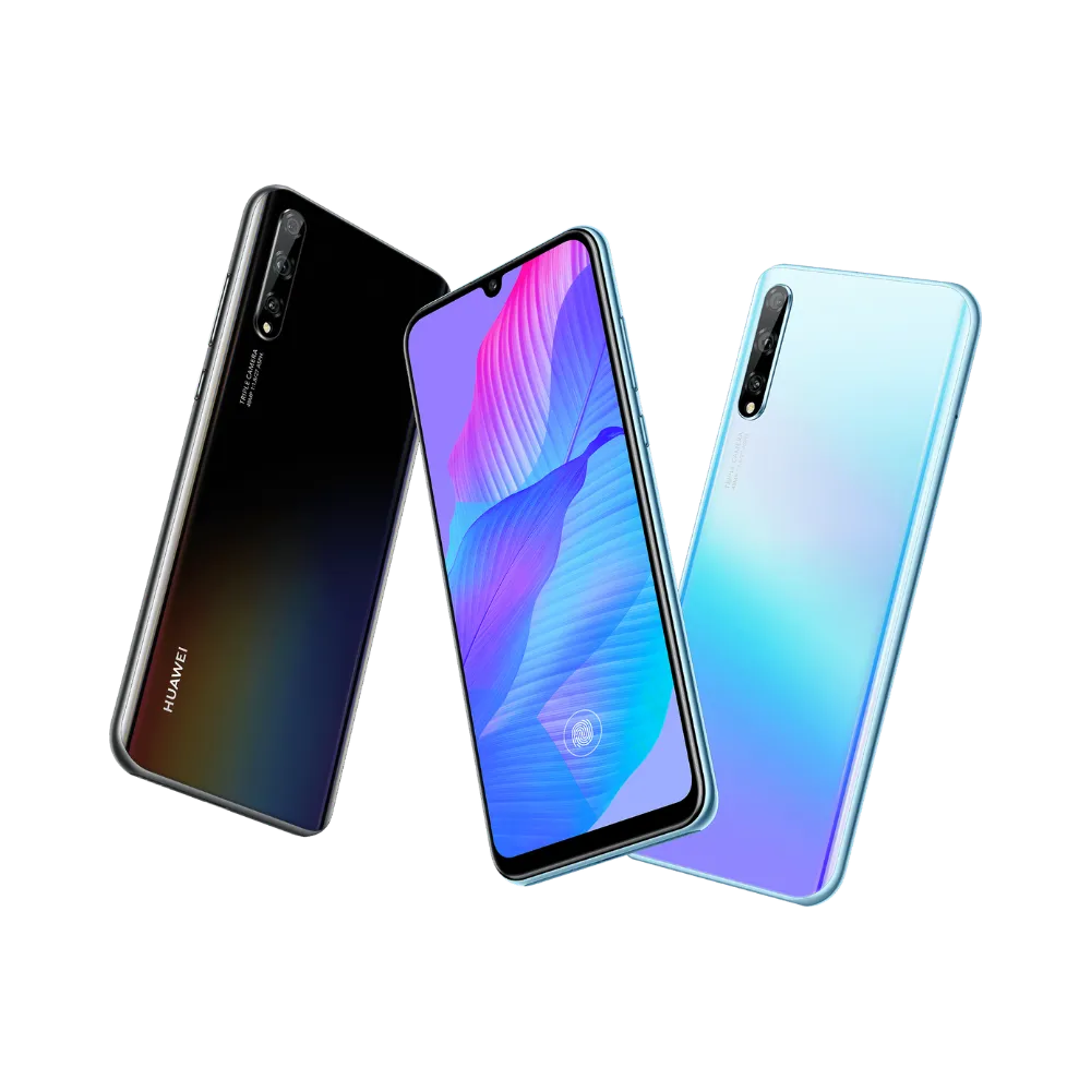 Huawei P Smart S montré incliné laissant voir avant et arrière bleu dégradé. Photo optimisée iTelier Lyon pour réparation écran, batterie, vitre arrière et diagnostic gratuit.
